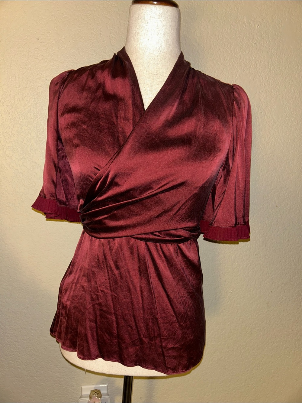 BCBG Y2K Silk Wrap Blouse in Deep Burgundy